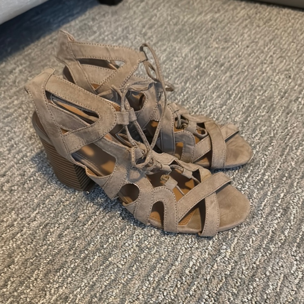 Tan Heeled Lace Up Sandals